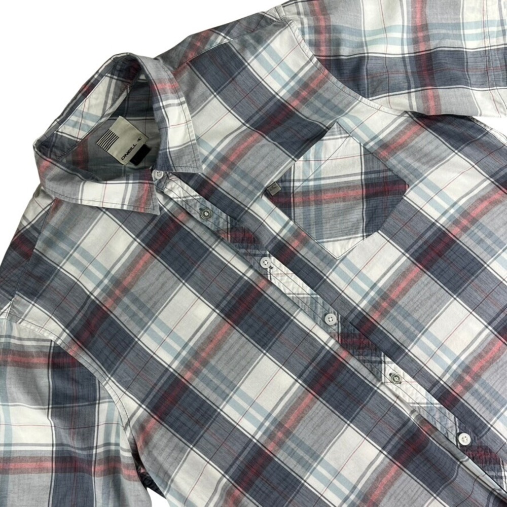 O'Neill Mens L Plaid Shirt Blue Gray Red Short Sleeve Cotton Surf Beach‎ Casual